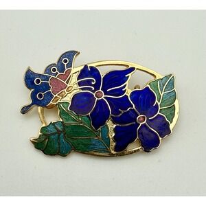 Vintage‎ Cloisonne Floral & Butterfly Multicolored Enamel Gold Tone Brooch Pin